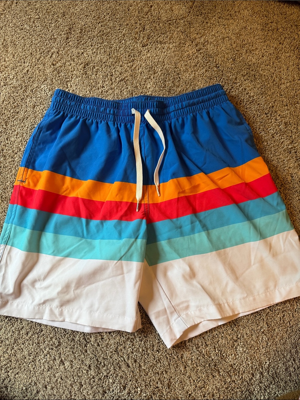 chubbies Royal Blue Striped Swim Shorts with Red & Orange Accents